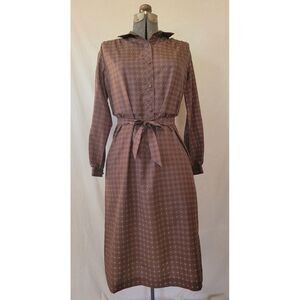 Vintage 60s 70s Union Made Shirt Dress Brown Floral Tie Waist‎ Midi Size M/L
